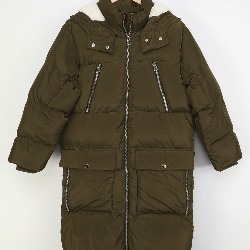 Brand new olive green long puffer coat
